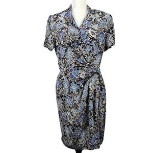 Vintage 90s TALBOTS 12P 100% Silk Blue Floral Wrap Dress Short Sleeve Coastal